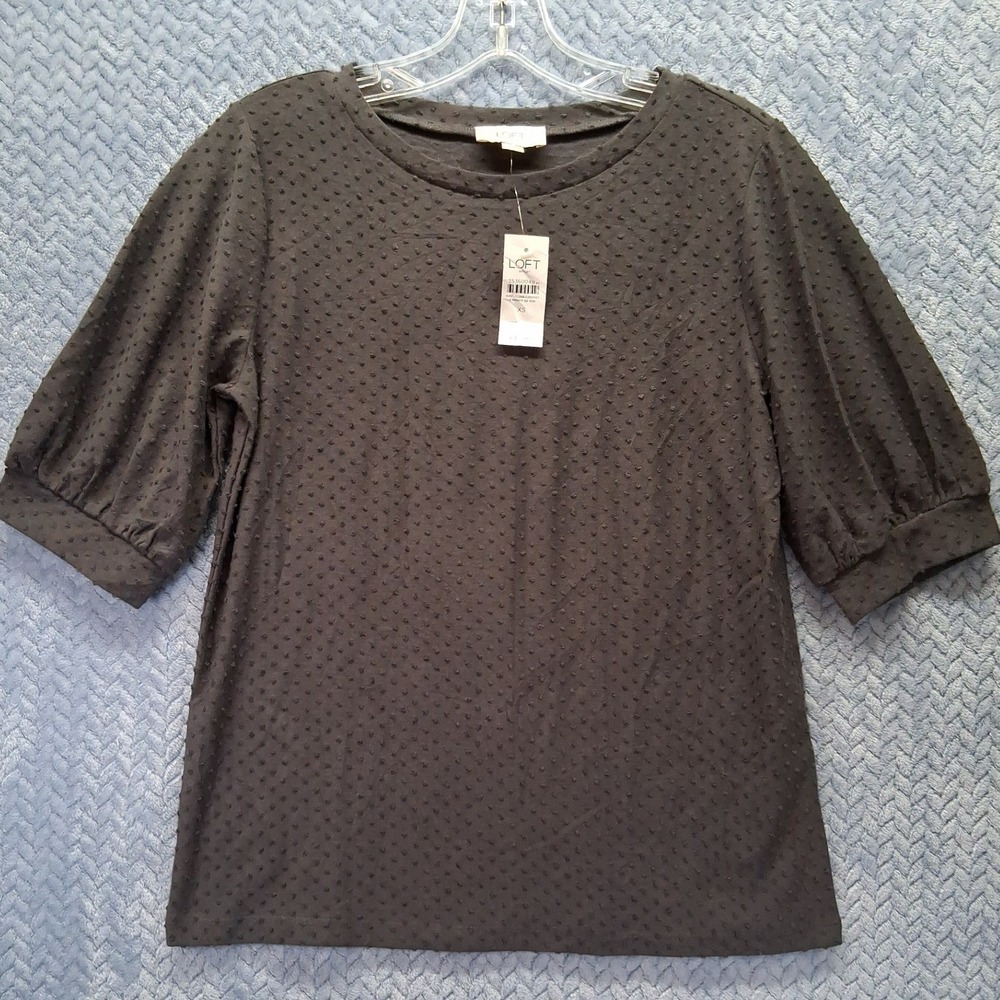 LOFT Outlet Womens XS Charcoal Grey Clipped Dot Puff Sleeve Knit Top NWT